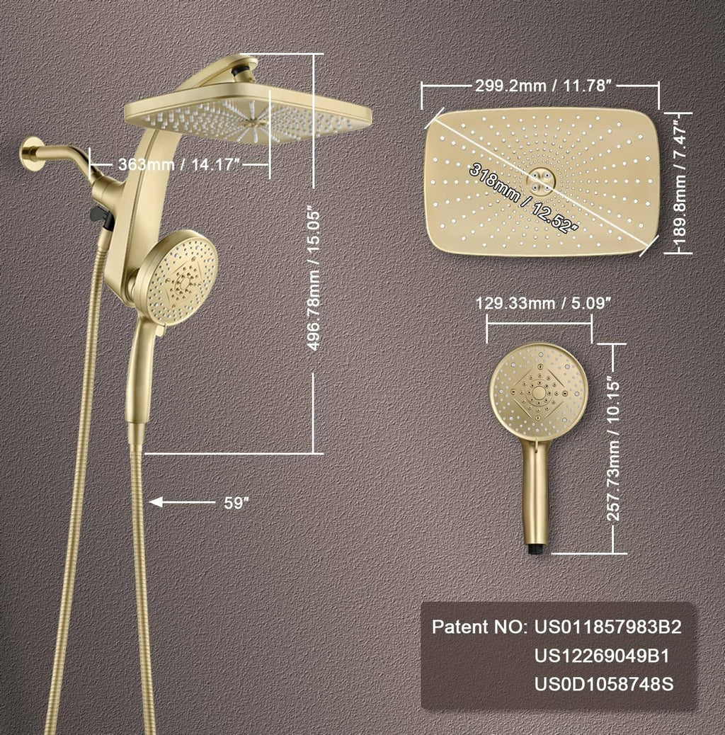 Gold rain shower head and handheld sprayer with nozzle faces and shown size measurements