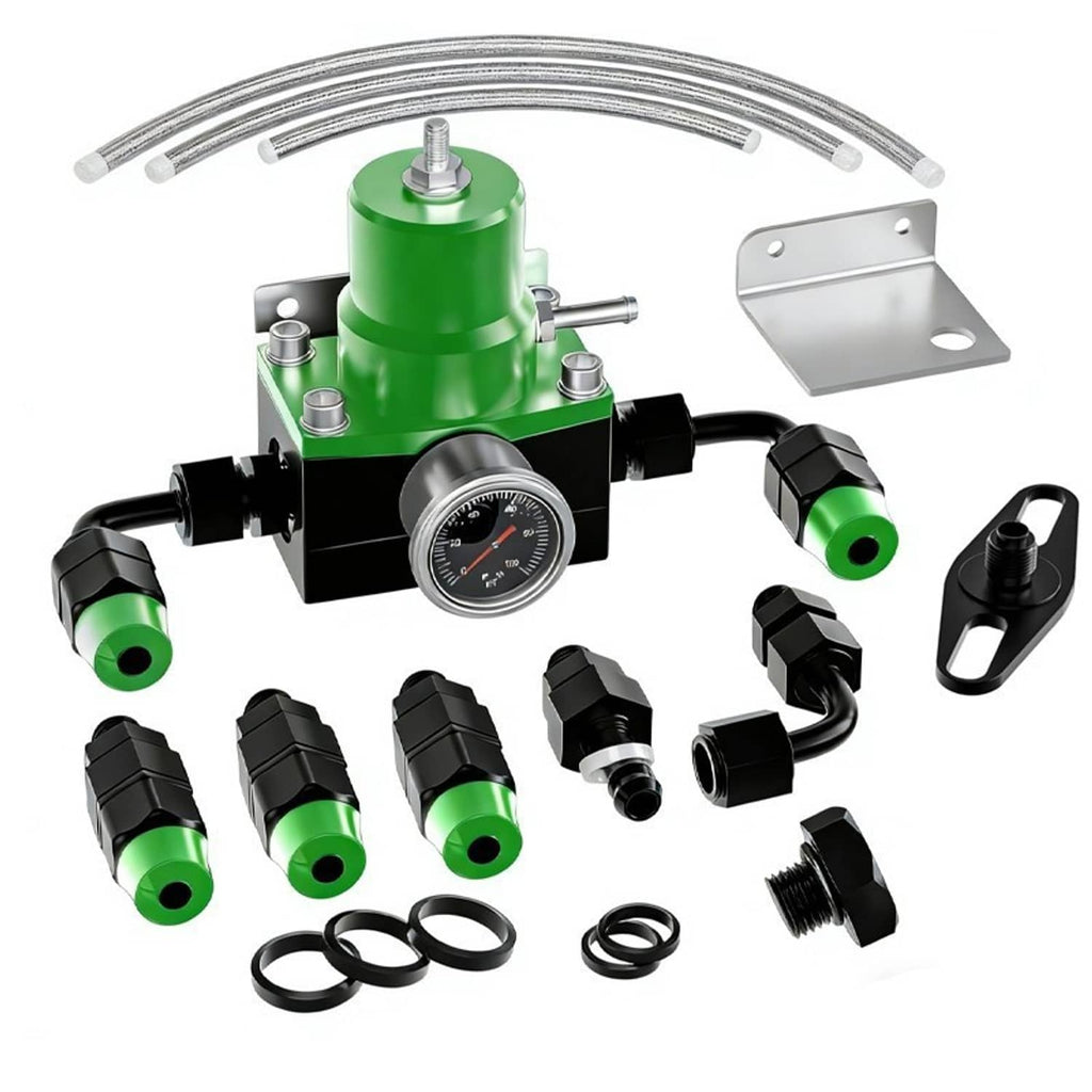 Adjustable fuel pressure regulator kit in green with gauge, -6AN fittings, and braided hoses