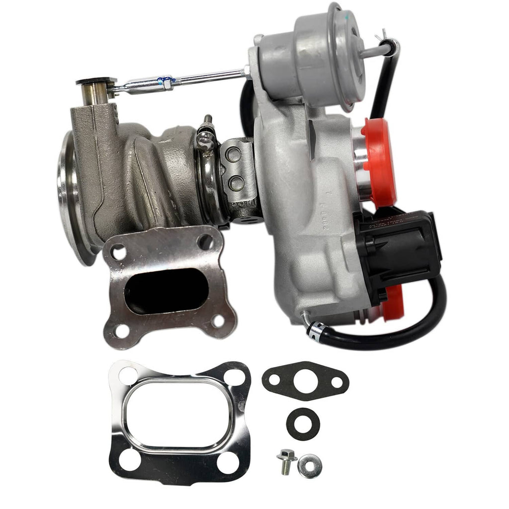Turbocharger assembly with silver housings, black wiring, and mounting flange