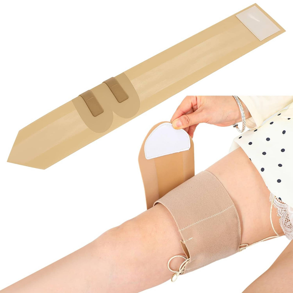 Beige skin-tone adjustable thigh microphone strap with two securing tabs and lace ties