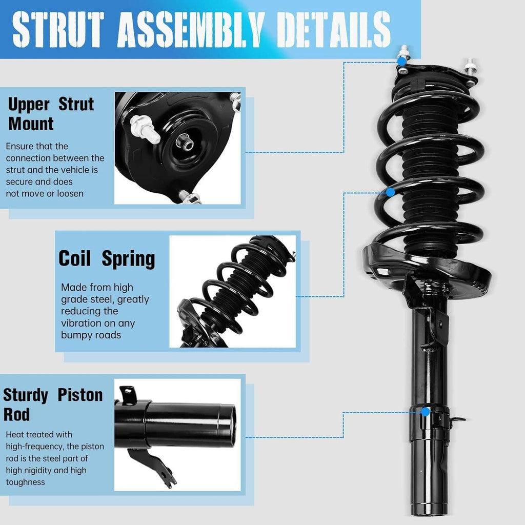 Front strut shock absorber with upper mount, coil spring, and piston rod detail