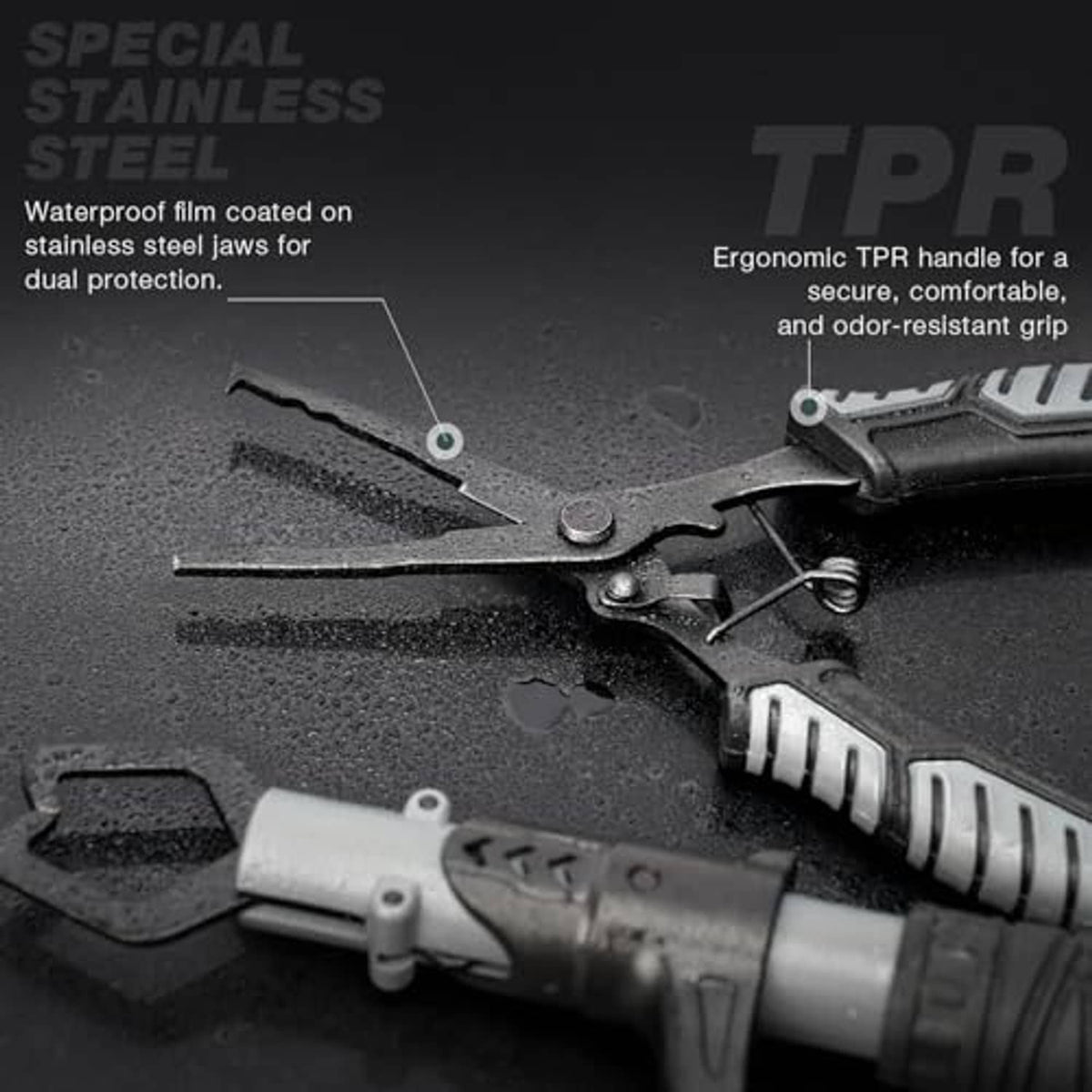TPR grip handle feature on a waterproof fishing bag, shown with water droplets