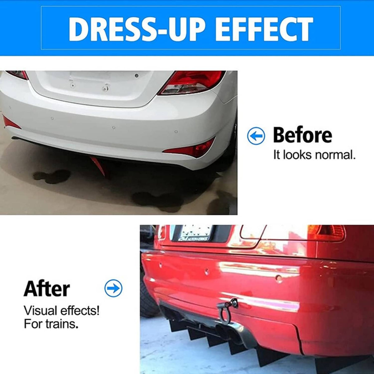 Rear bumper diffuser before-and-after: black shark-fin style lip on tail end
