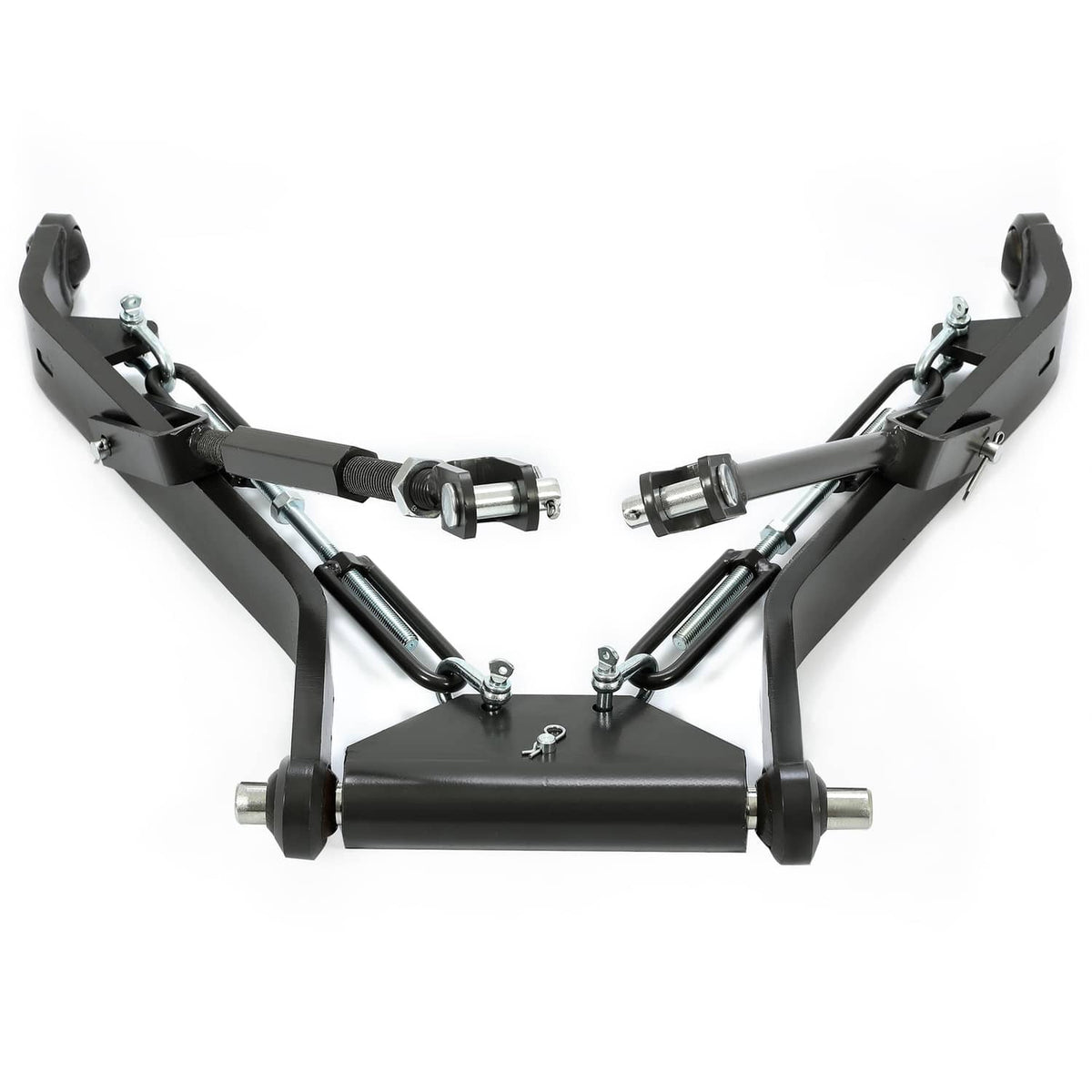 Black 3-point hitch kit with two lower arms, central crossbar, and connecting pins