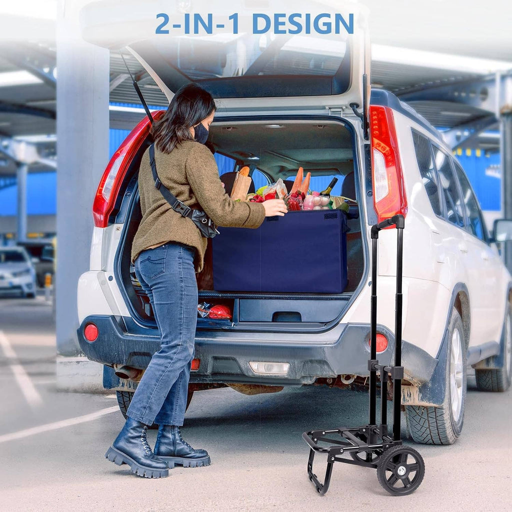 Blue folding cart with waterproof bin beside an open car trunk