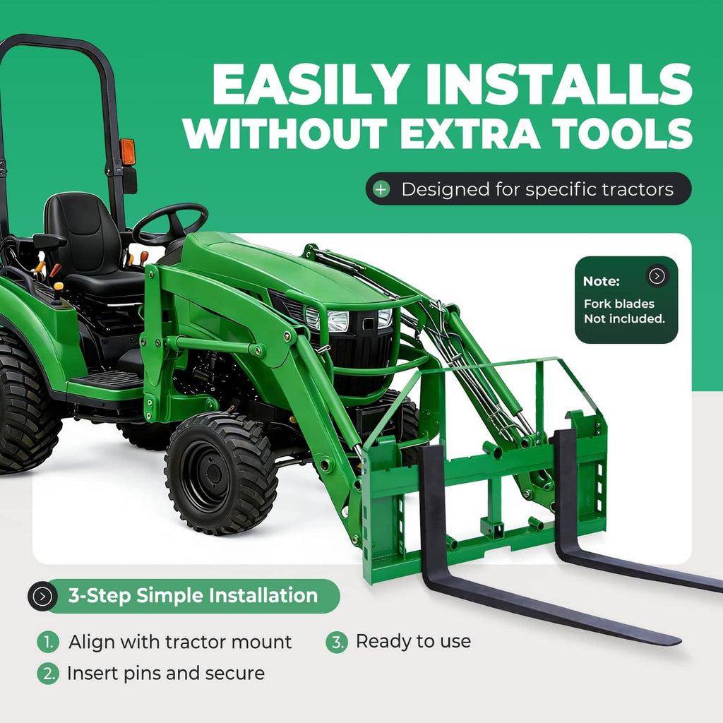 Green pallet fork frame attachment with receiver hitch and fork slots, shown installed