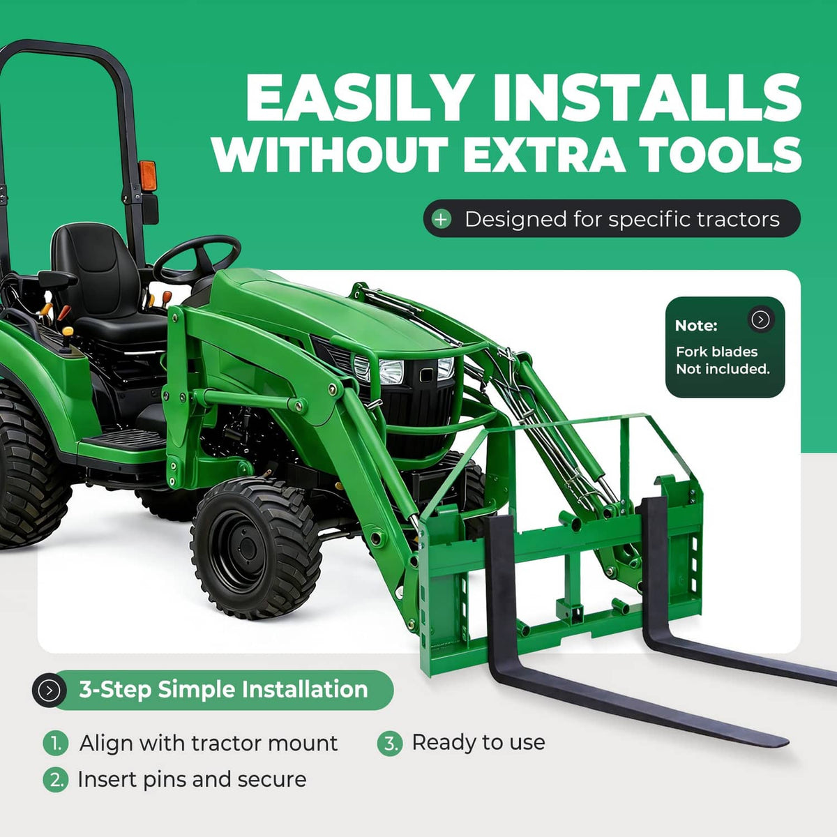 Green pallet fork frame attachment with receiver hitch and fork slots, shown installed