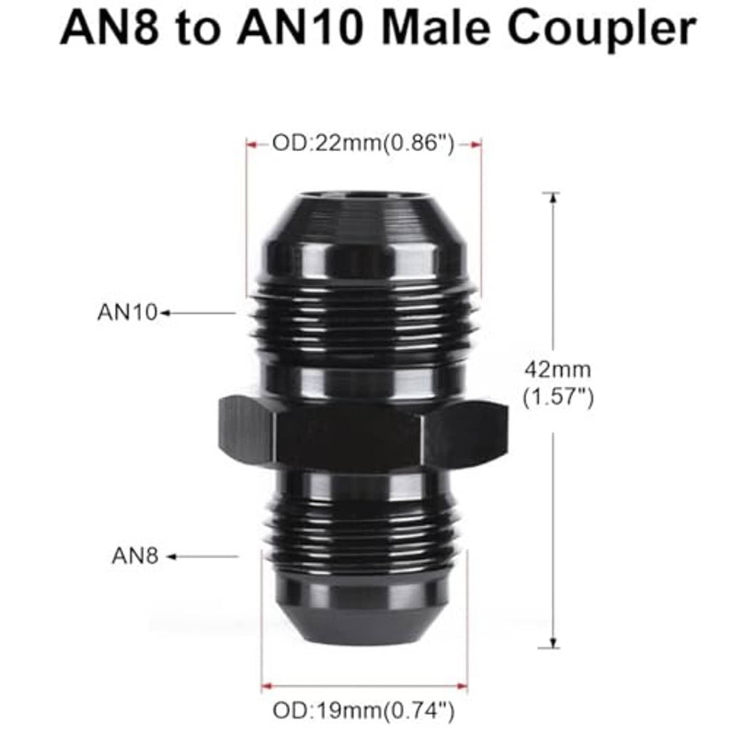Black AN8 to AN10 male flare coupler, hex fittings, stepped ridged threads