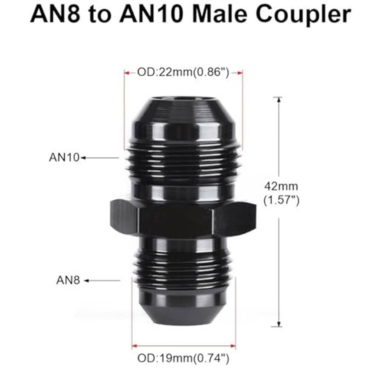 Black AN8 to AN10 male flare coupler, hex fittings, stepped ridged threads