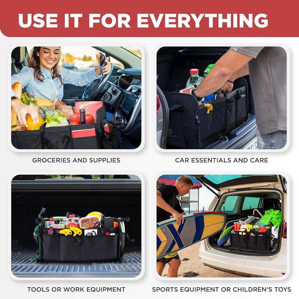Black trunk organizer for storing car essentials, groceries, tools, and sports gear