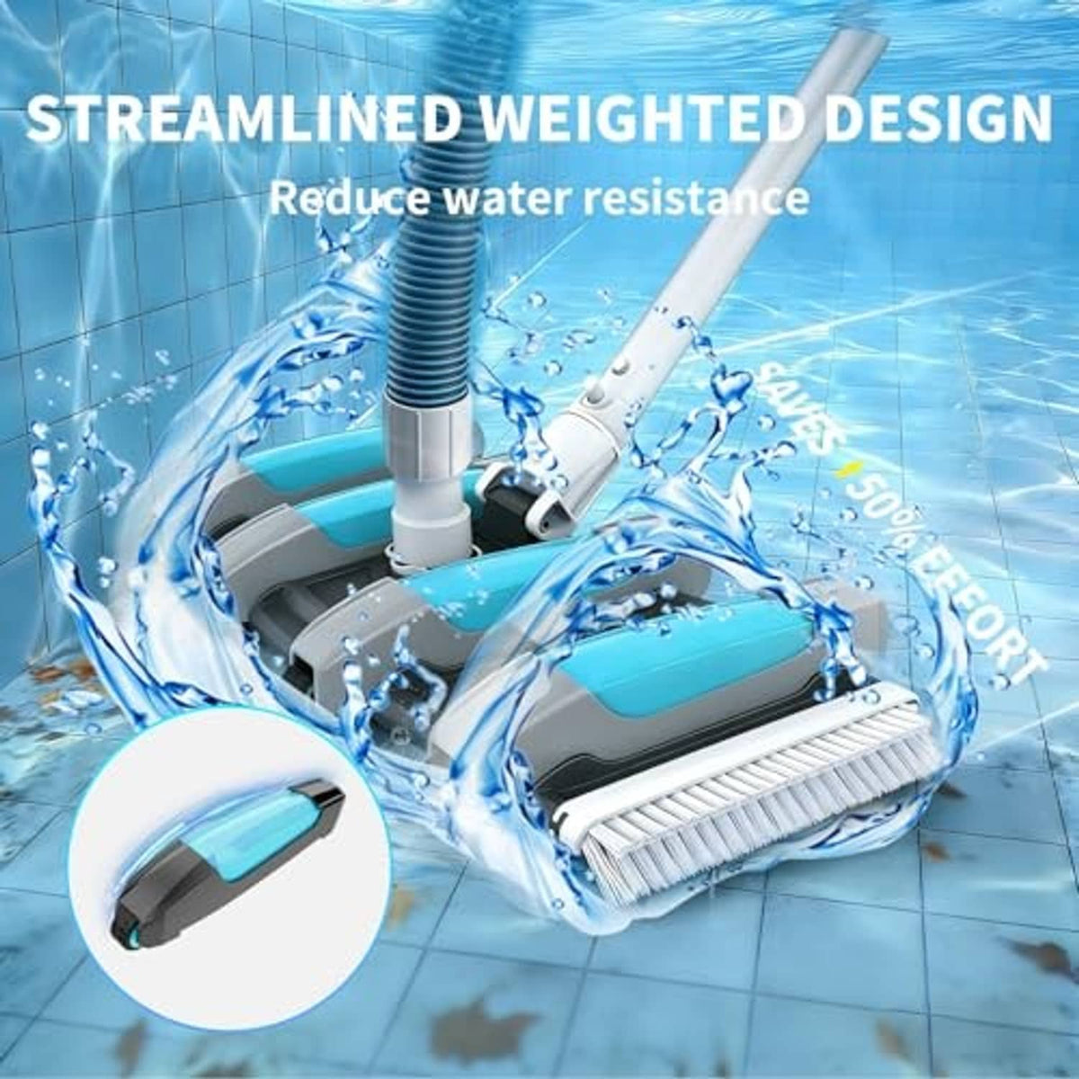 Blue pool vacuum head with central suction tower and side bristle strip