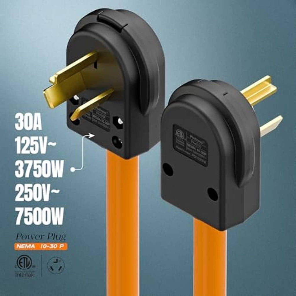 NEMA 10-30P 30A power plug, black body with gold prongs and orange cable
