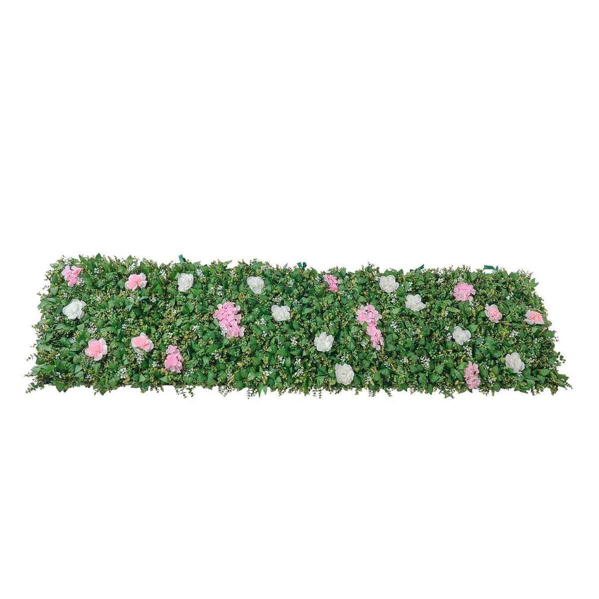Artificial floral hedge wall strip with green leaves and pink and white blossoms