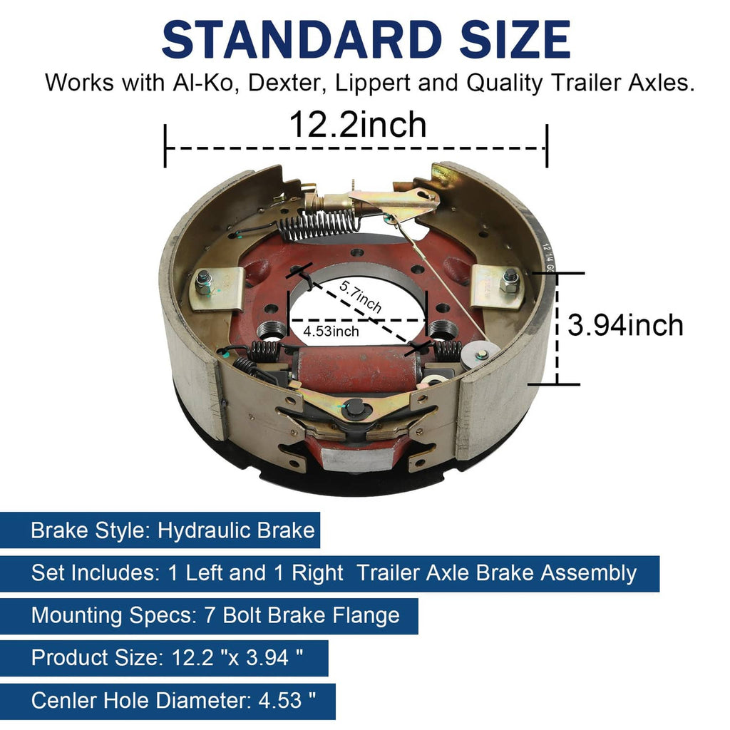 Hydraulic trailer brake assembly with red backing plate, showing 12.2 in size details