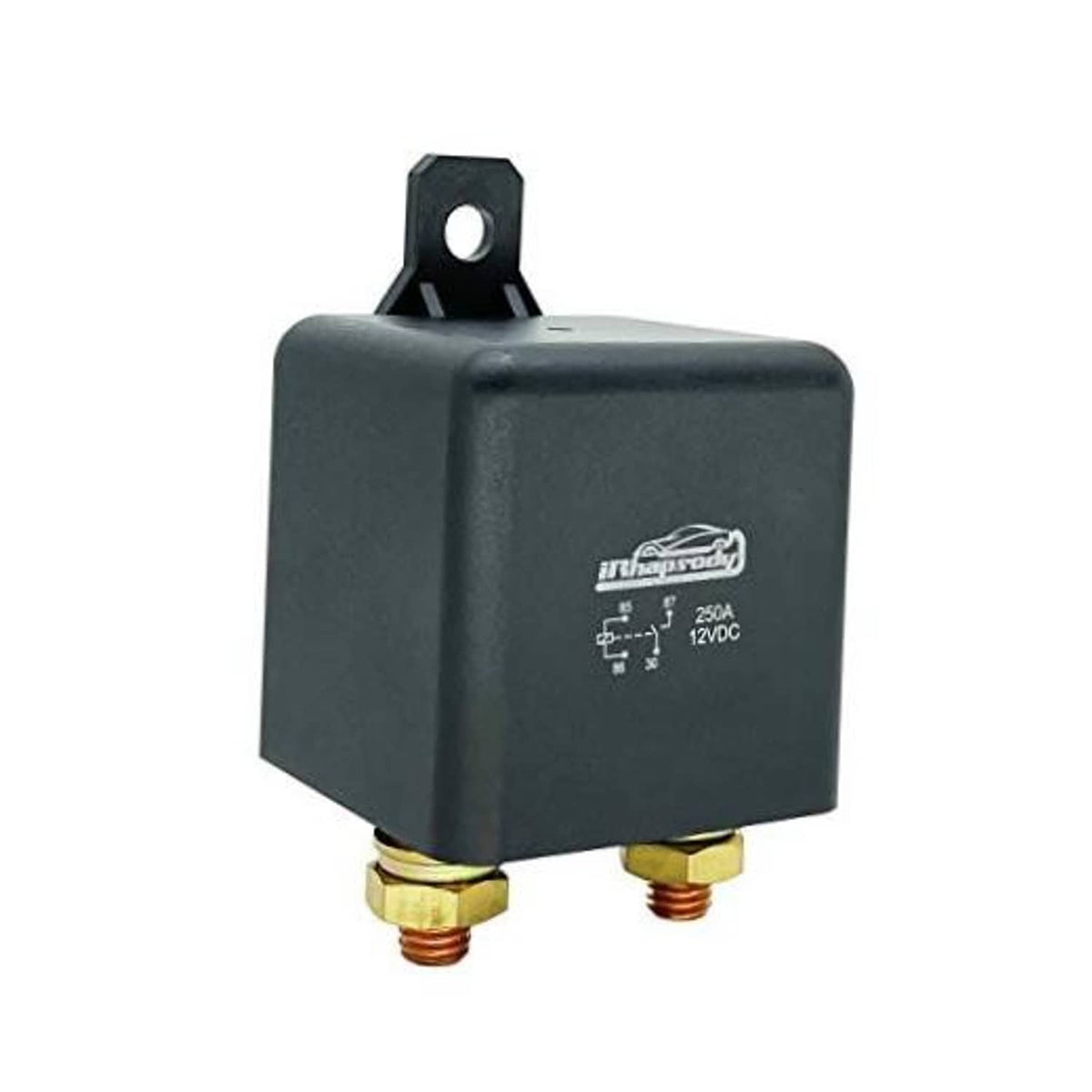 12V 4-pin high-power relay with black case and two brass screw terminals on front