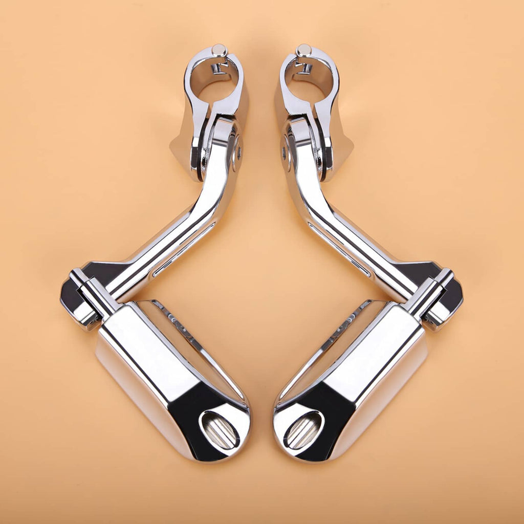Motorcycle highway foot peg bracket with chrome frame and black tread pads