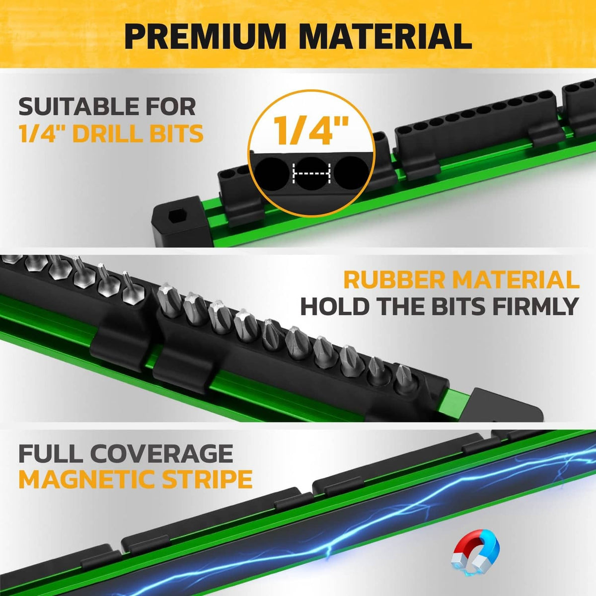 Green and black magnetic bit rails with rubber holder and full magnetic stripe