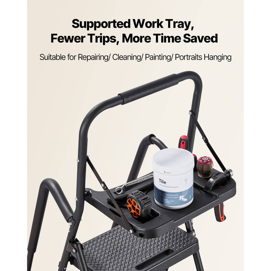 5-step ladder with wide anti-slip work tray platform holding tools and paint supplies