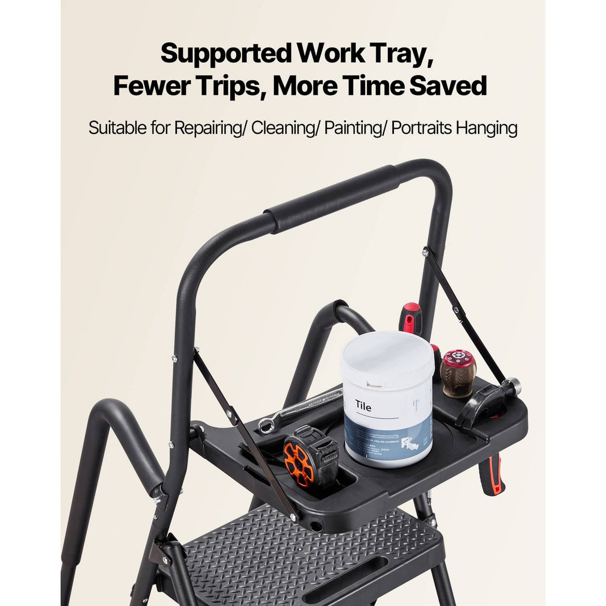 5-step ladder with wide anti-slip work tray platform holding tools and paint supplies