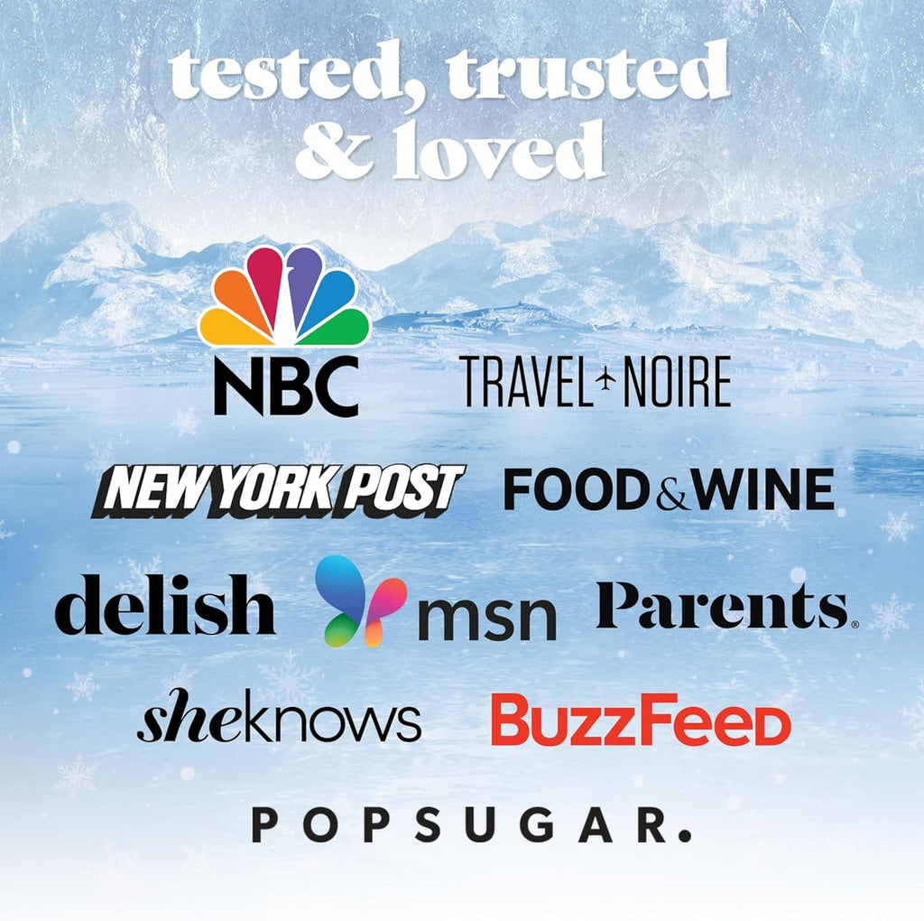 Reusable slim ice pack graphic with brand-style badges and snowy background, showing ice pack shape