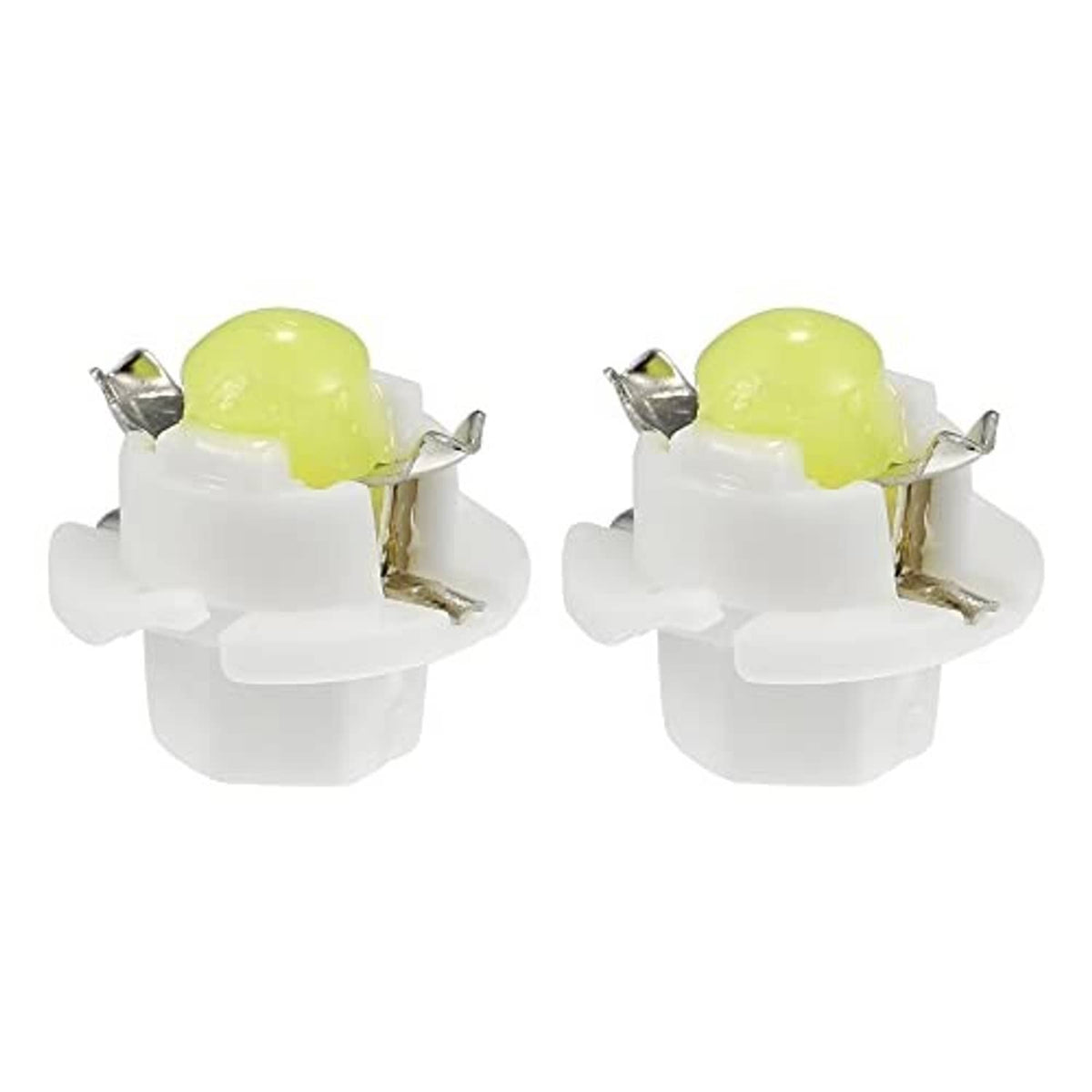 Pair of T5 LED dashboard bulbs with white bases and lime-green LED chips