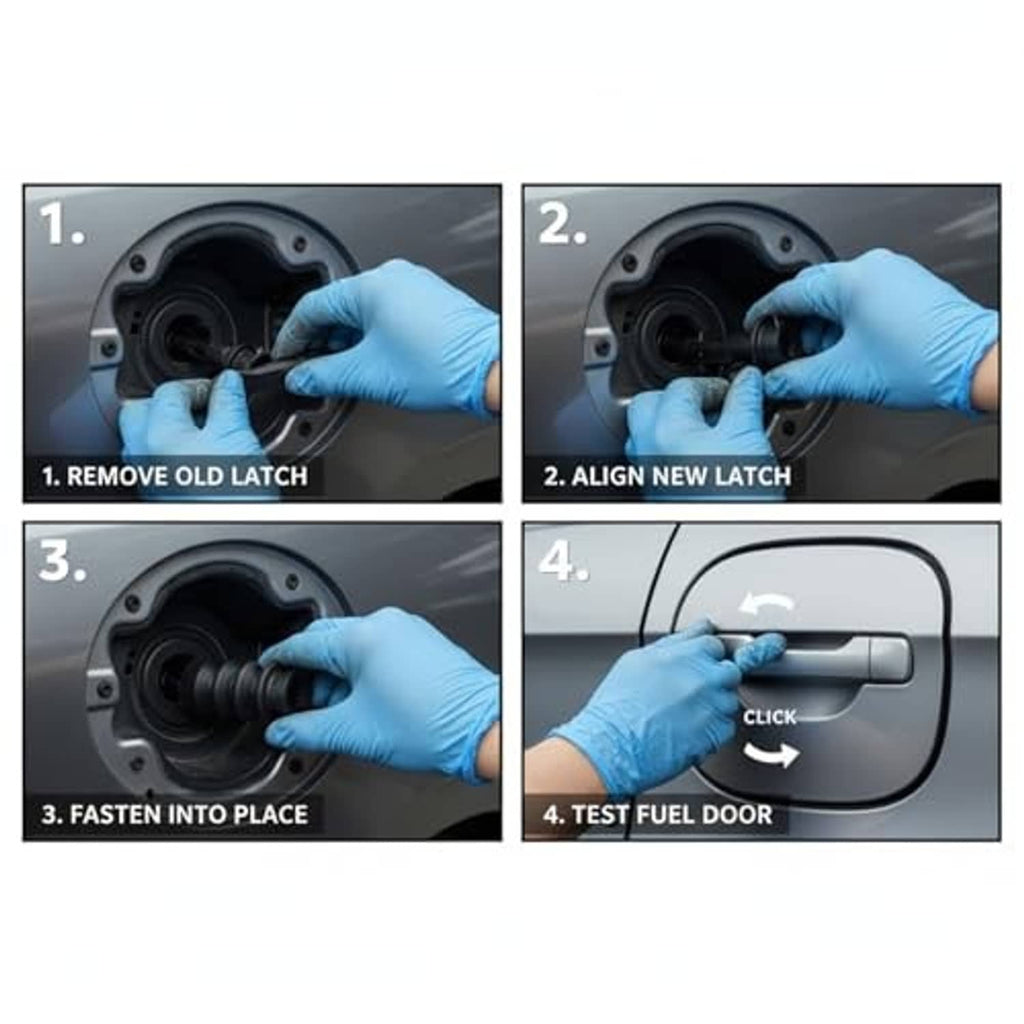 Fuel tank filler door release latch installation on fuel door panel, gloved hands shown.