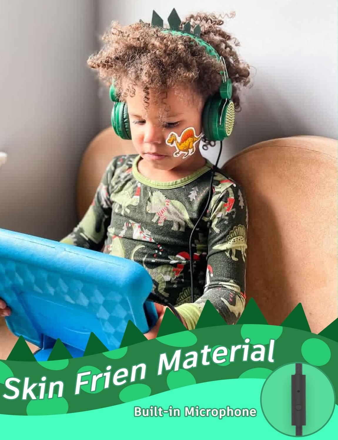Green dinosaur kids wired headphones with over-ear pads and built-in microphone