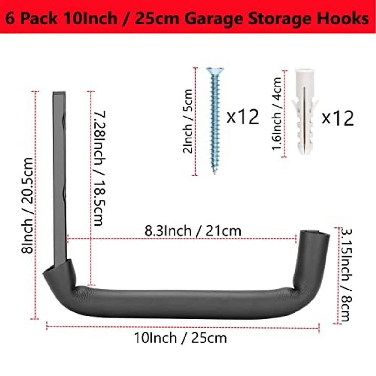 Single black U-shaped garage wall tool hook with vertical mounting plate