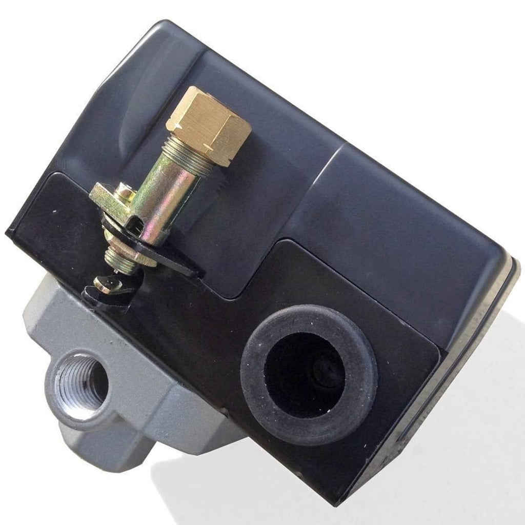 Black pressure switch with brass threaded inlet and rubber port cover