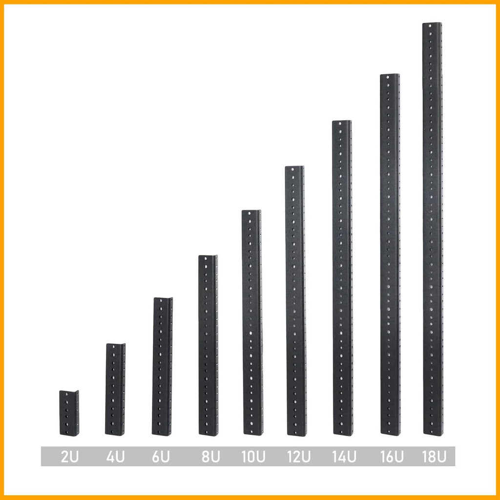 Black rack rails in multiple lengths for 2U through 18U equipment racks