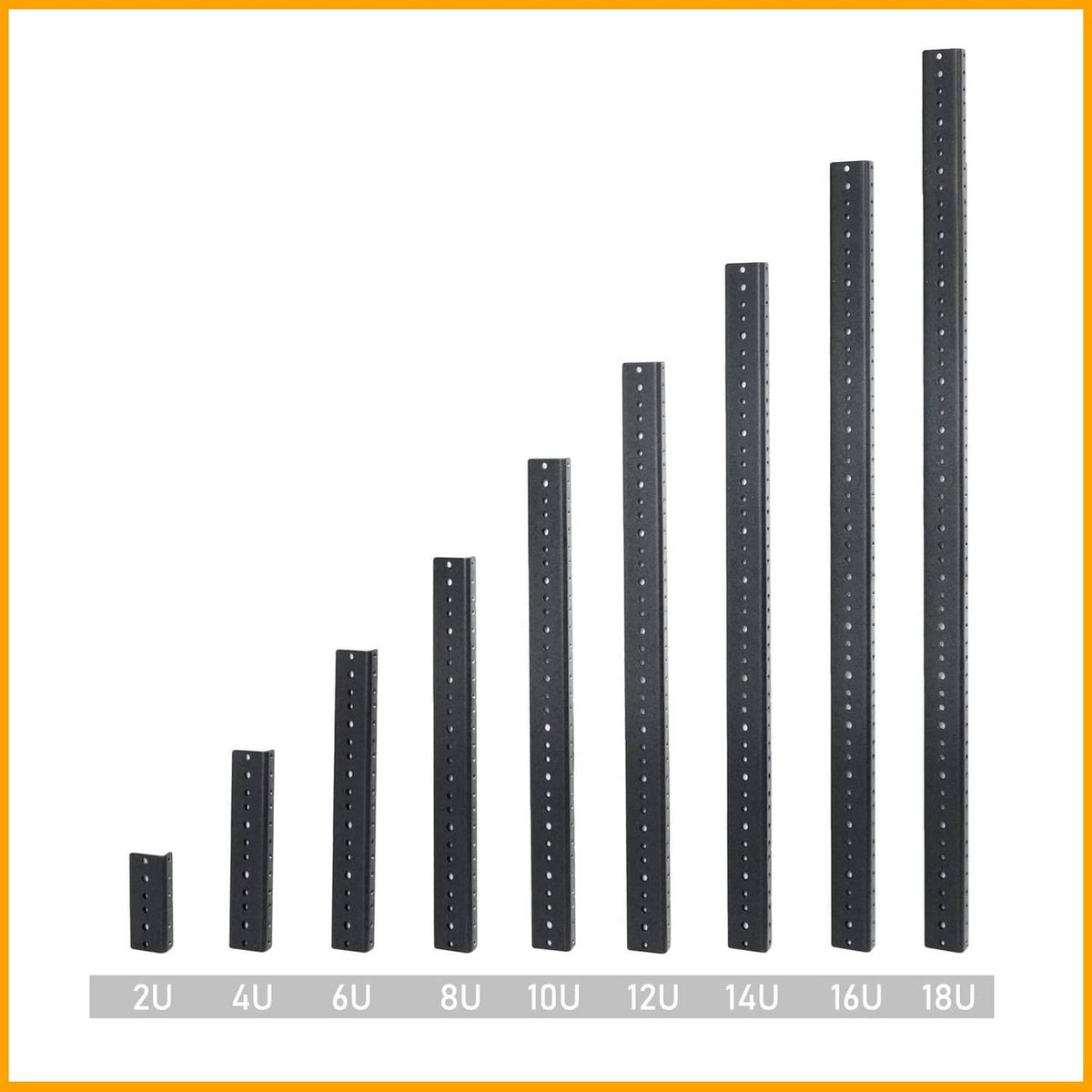 Black rack rails in multiple lengths for 2U through 18U equipment racks