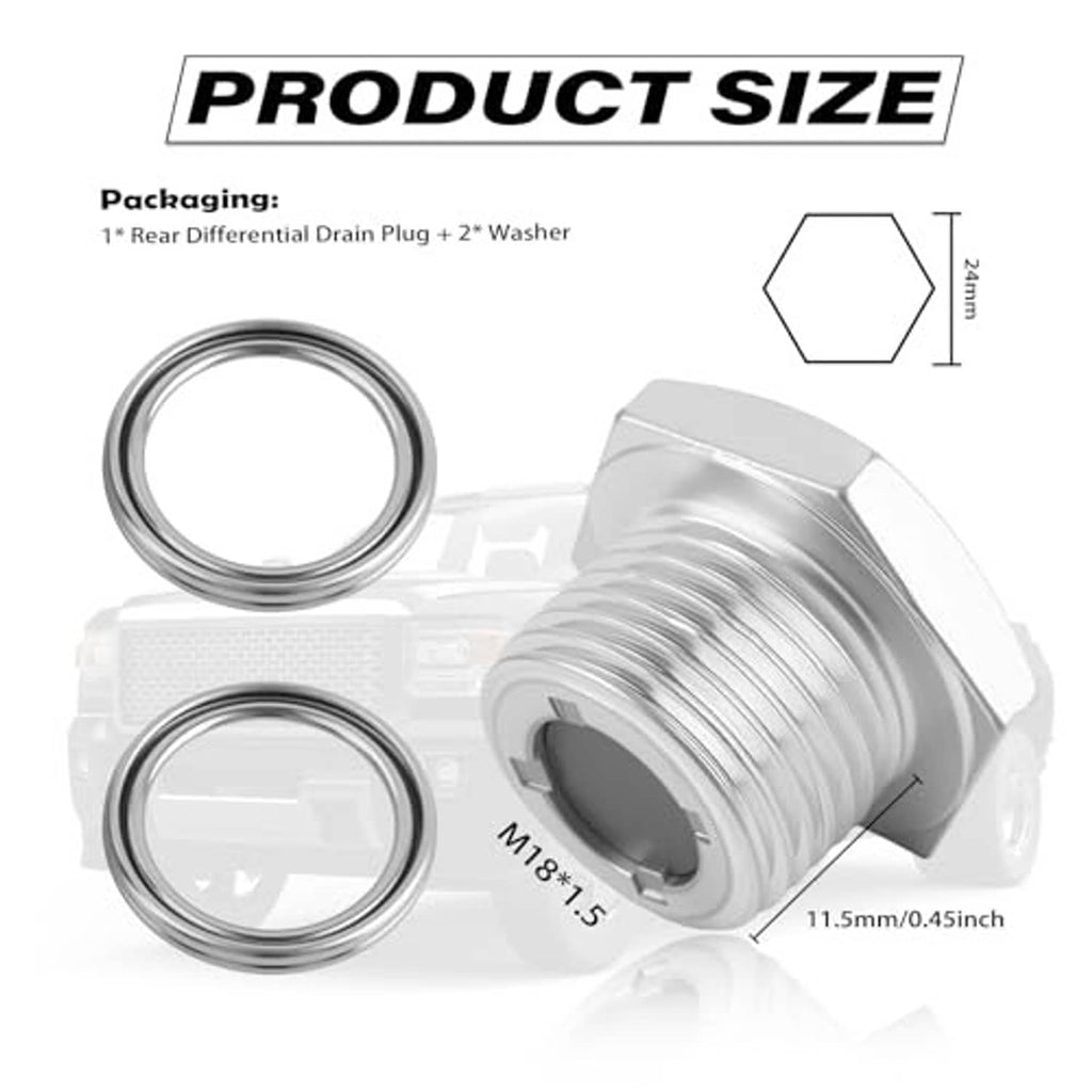 Rear differential fill plug and seal ring washers, shown with size diagram