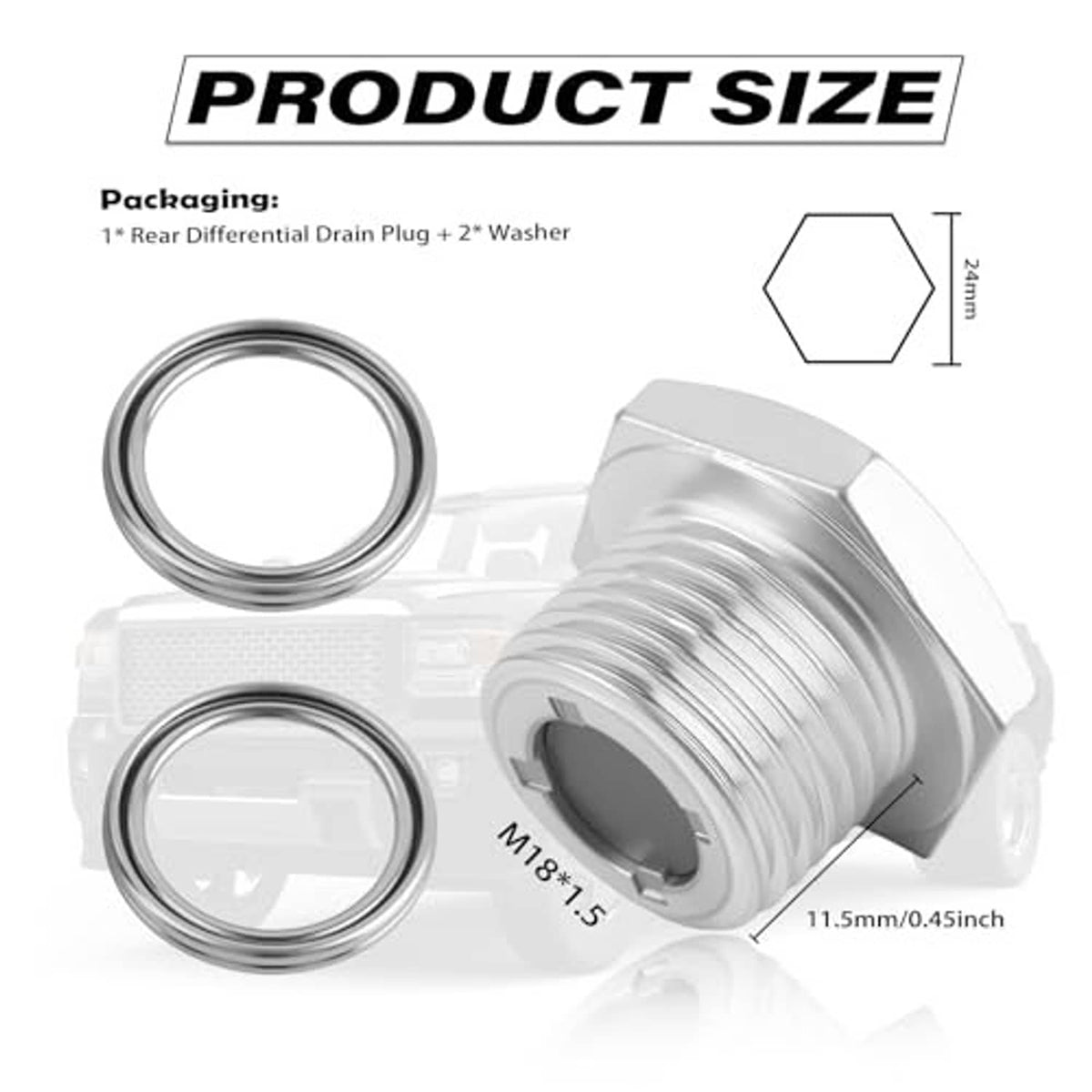 Rear differential fill plug and seal ring washers, shown with size diagram
