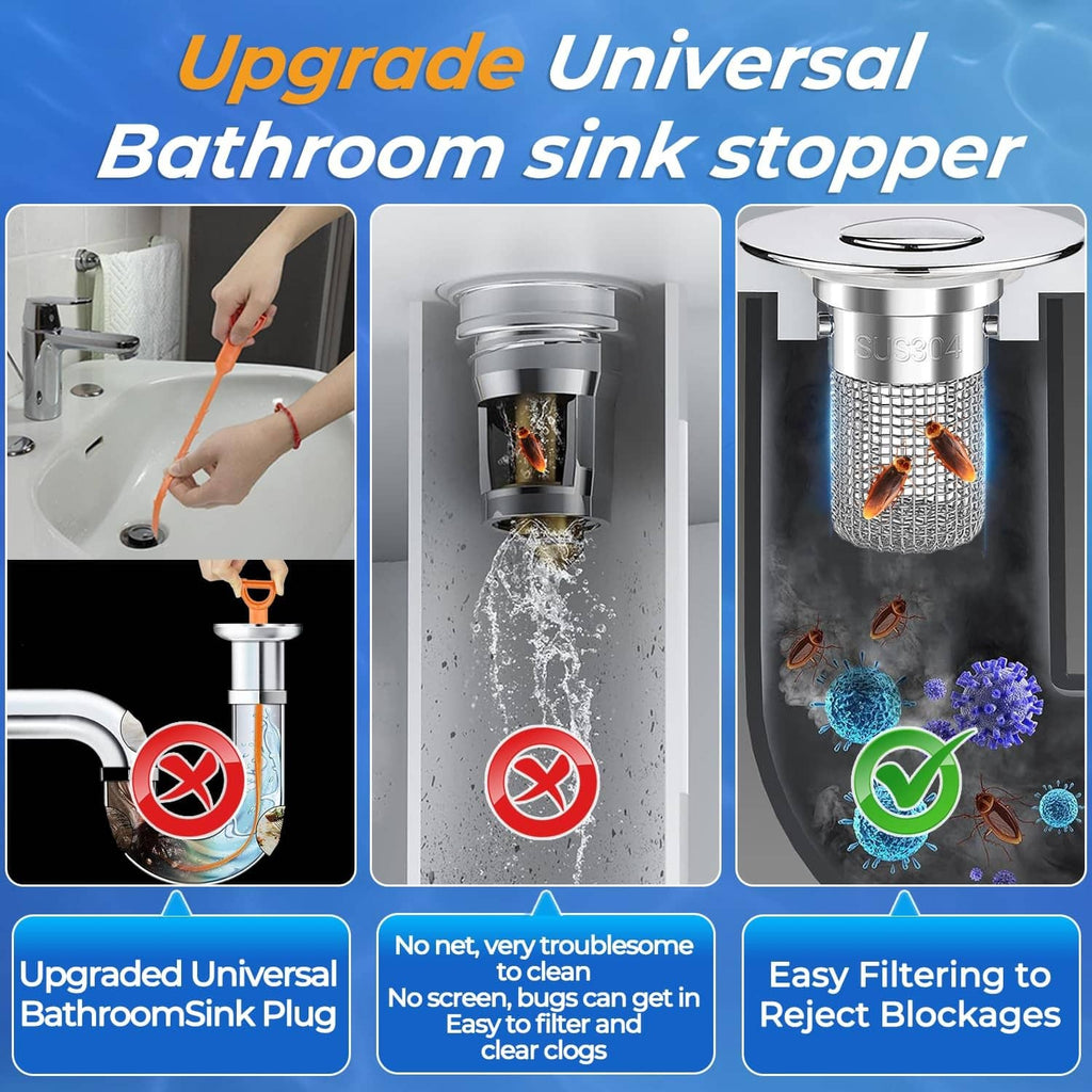 Universal bathroom sink pop-up drain strainer with fine mesh basket and chrome top