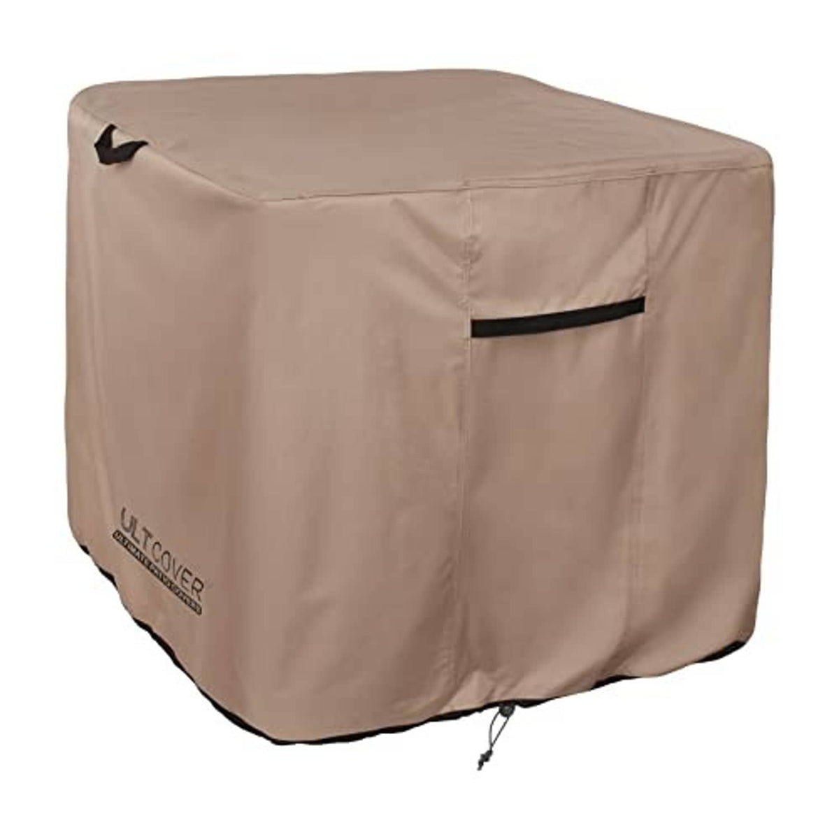 Brown square AC cover with black strap pocket and corner loop fastener detail