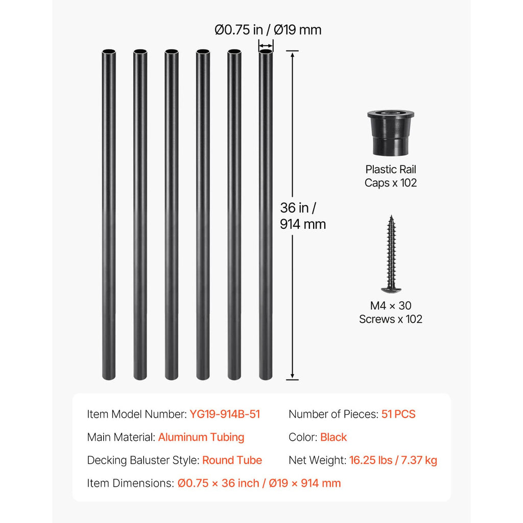 Black round aluminum balusters, 36 in length, plus caps and M4 screws
