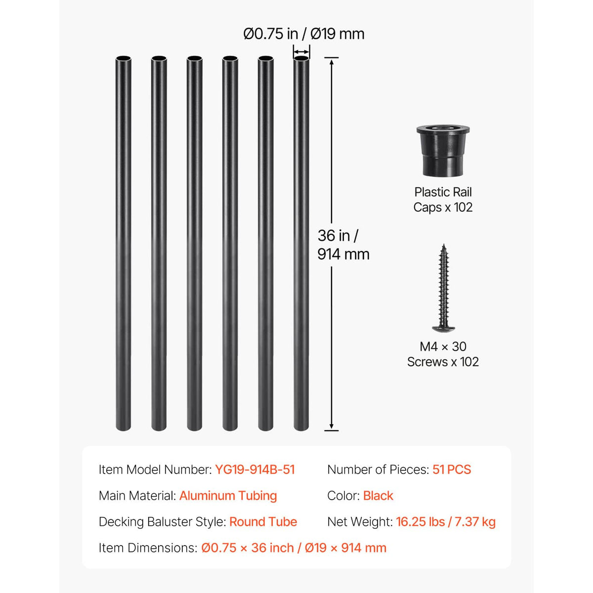 Black round aluminum balusters, 36 in length, plus caps and M4 screws