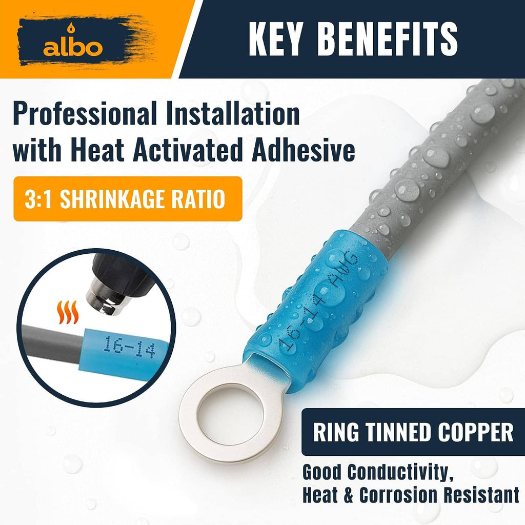 Heat shrink connector sleeve benefits: ring terminal, tinned copper, heat-activated adhesive