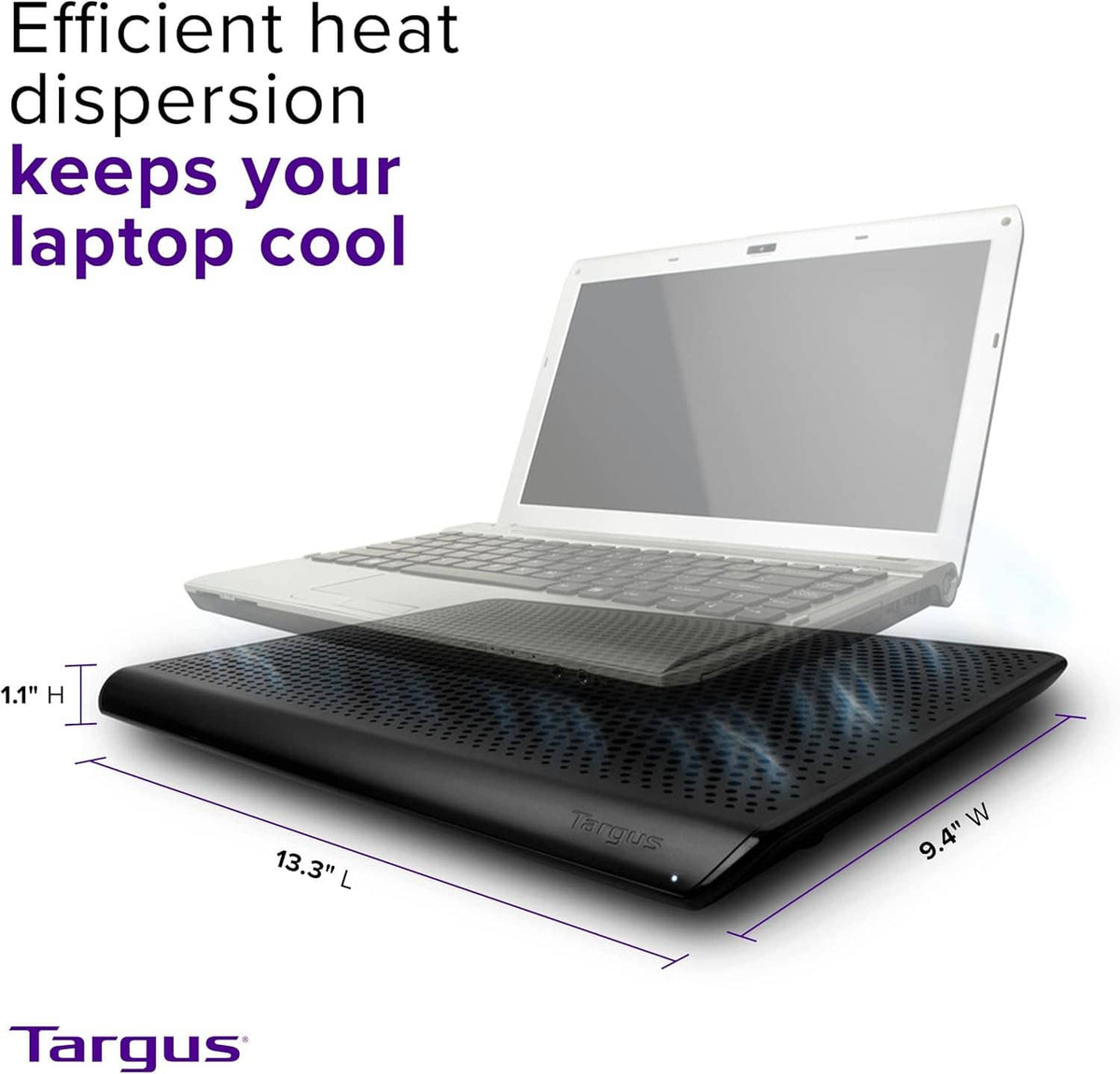 Black laptop cooling mat with perforated top; fits up to 16-inch laptops.