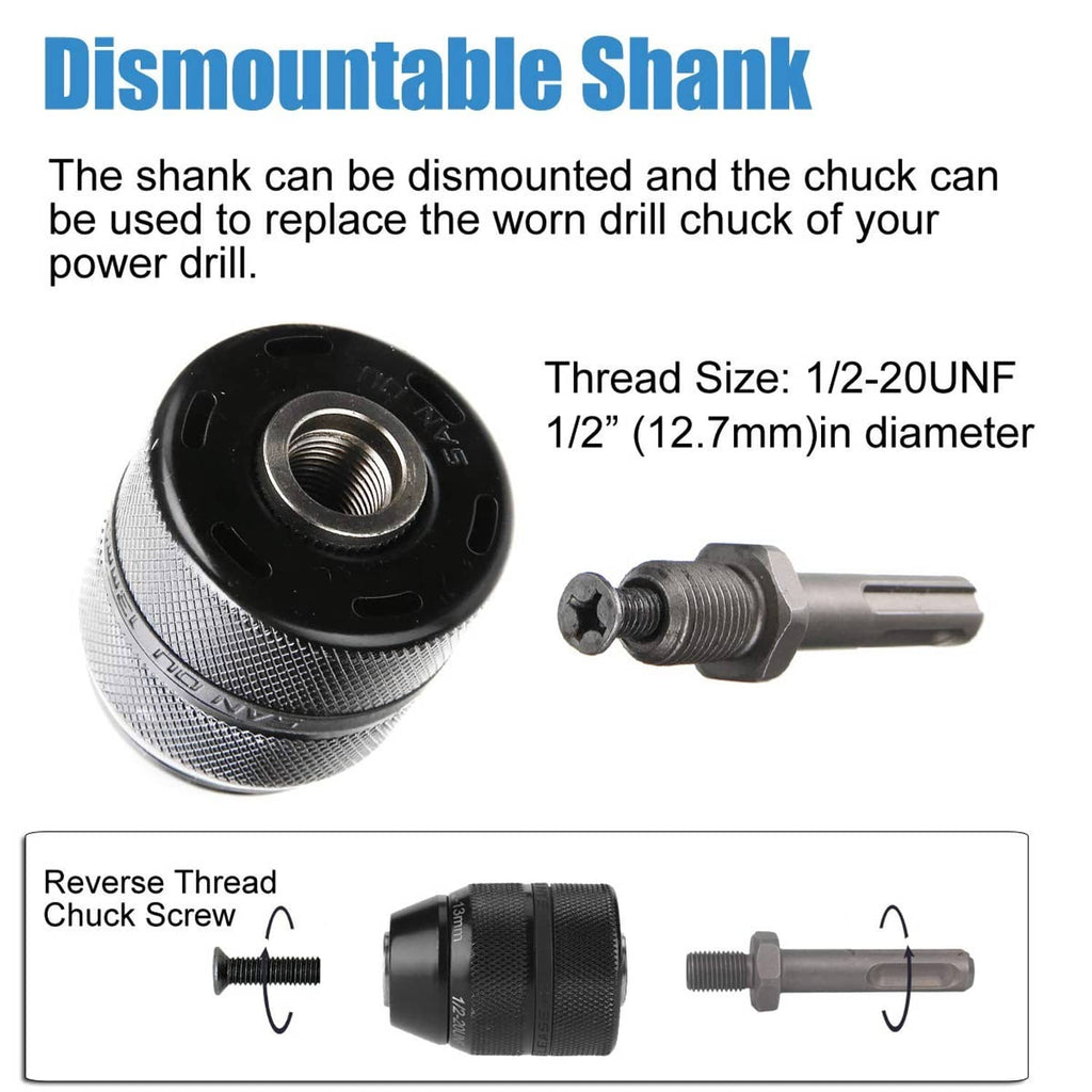 Keyless drill chuck with dismountable shank and 1/2-20UNF thread adapter parts