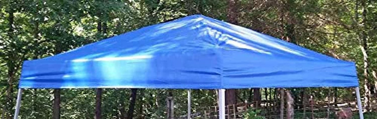 Blue replacement canopy top cover installed on shelter frame with peaked roof