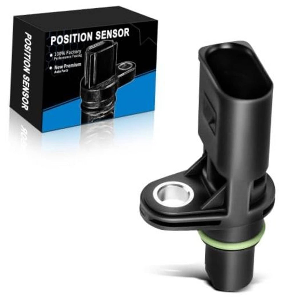 Camshaft position sensor with mounting bracket and electrical connector, black with green seal