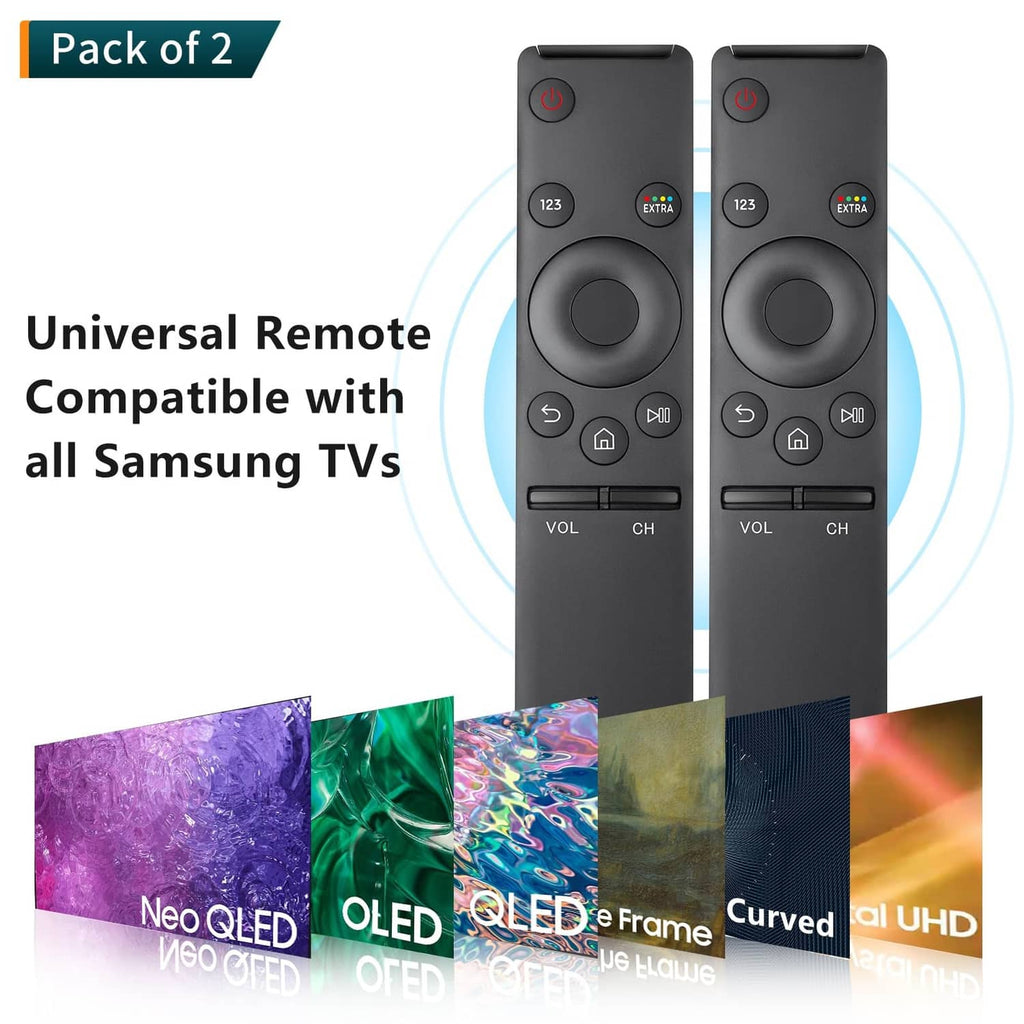 Black universal TV remote control, two-pack with circular navigation pad and channel keys