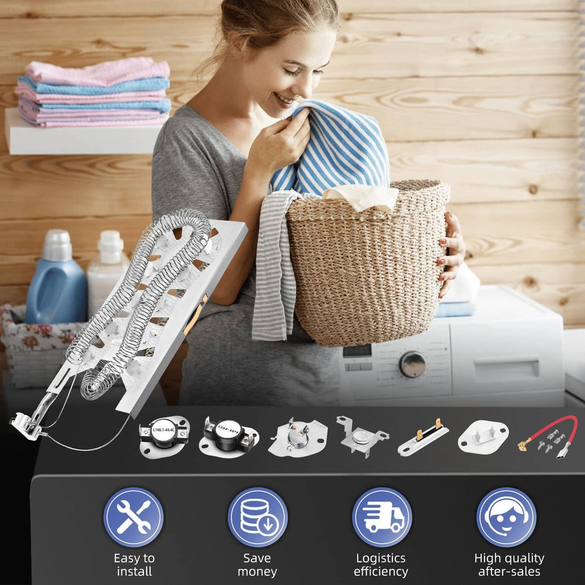 Dryer heating element kit with coiled heater and included replacement parts