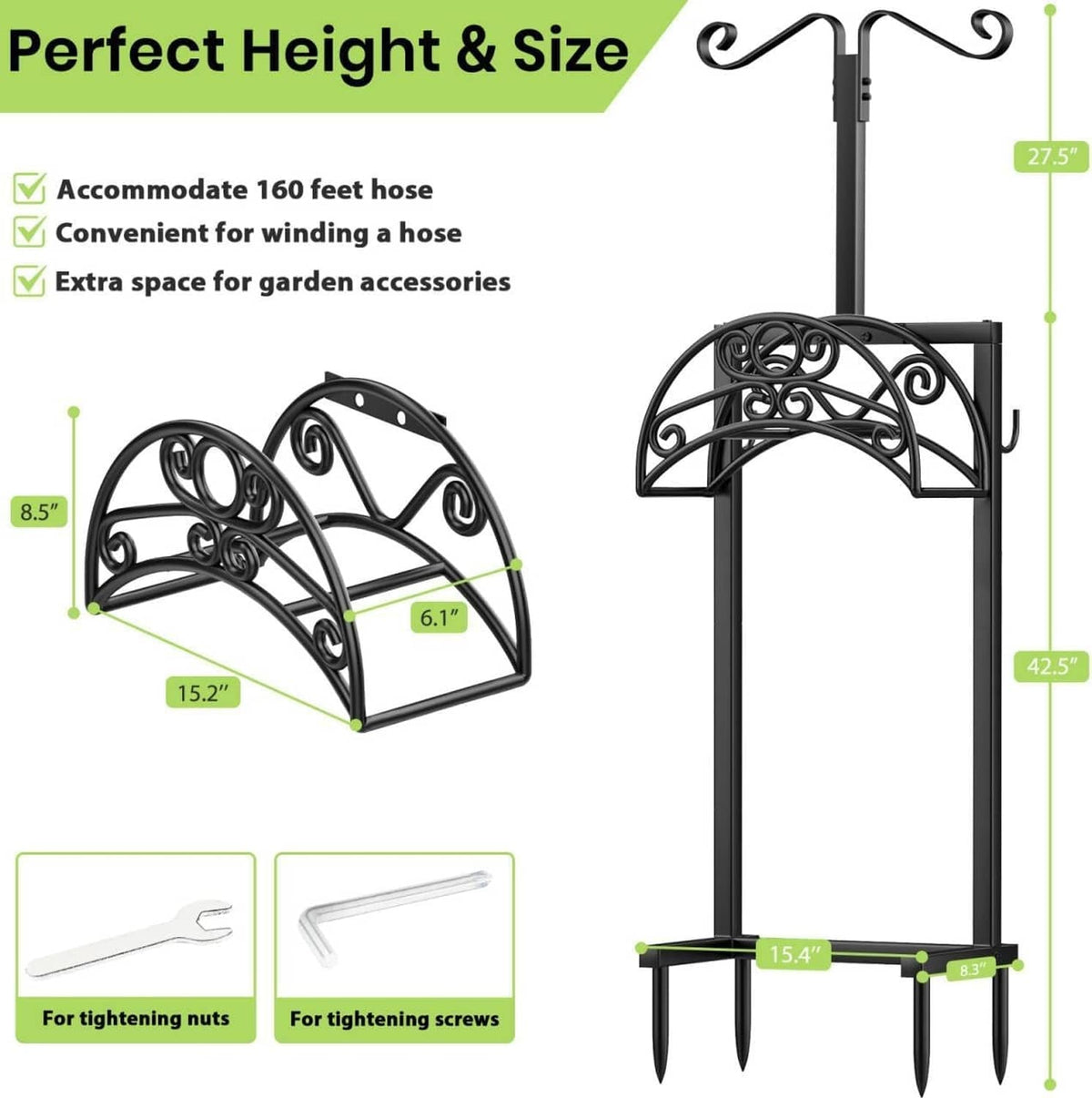 Tall black hose holder with green hose loop, arched support and ground stakes