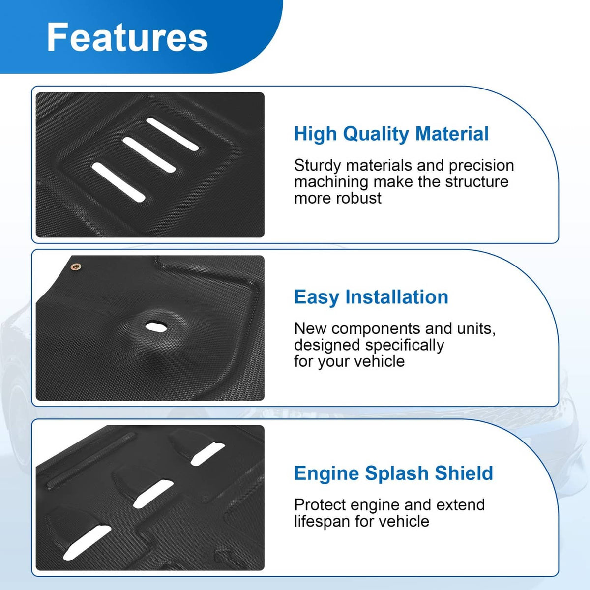 Black engine splash shield panel with molded texture and ventilation cutouts