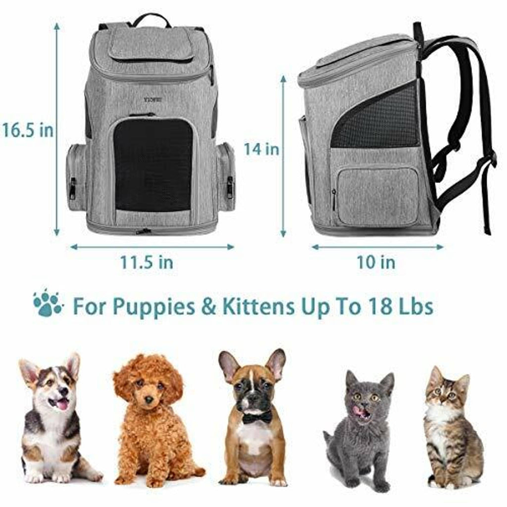 Gray pet backpack carrier with side view, front mesh window, and padded shoulder straps