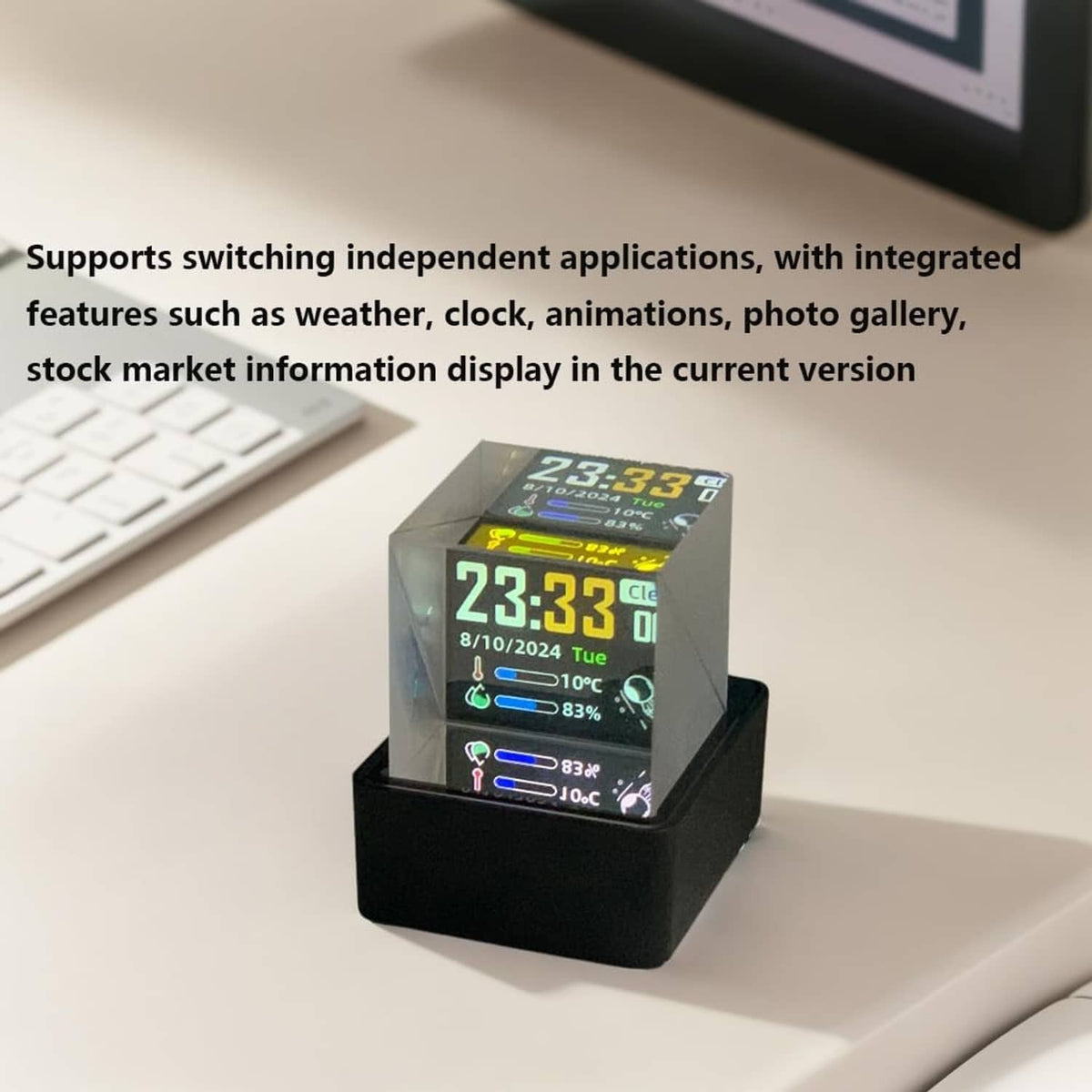 Holographic crystal display with weather clock screen on black base