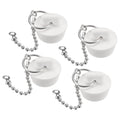 Set of 4 white rubber drain stoppers with metal ring and bead chain, for 7/8–1 in