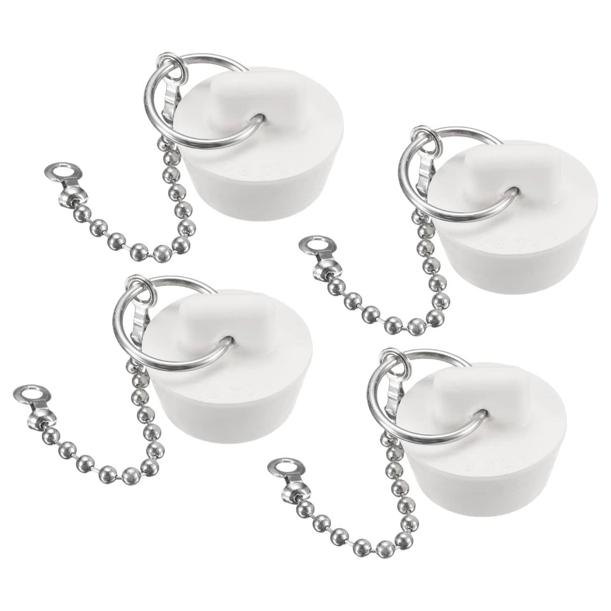 Set of 4 white rubber drain stoppers with metal ring and bead chain, for 7/8–1 in